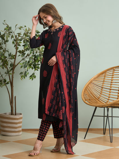 Ethnic Printed Embroidered Straight Fit Kurta with Pant and Dupatta - Black