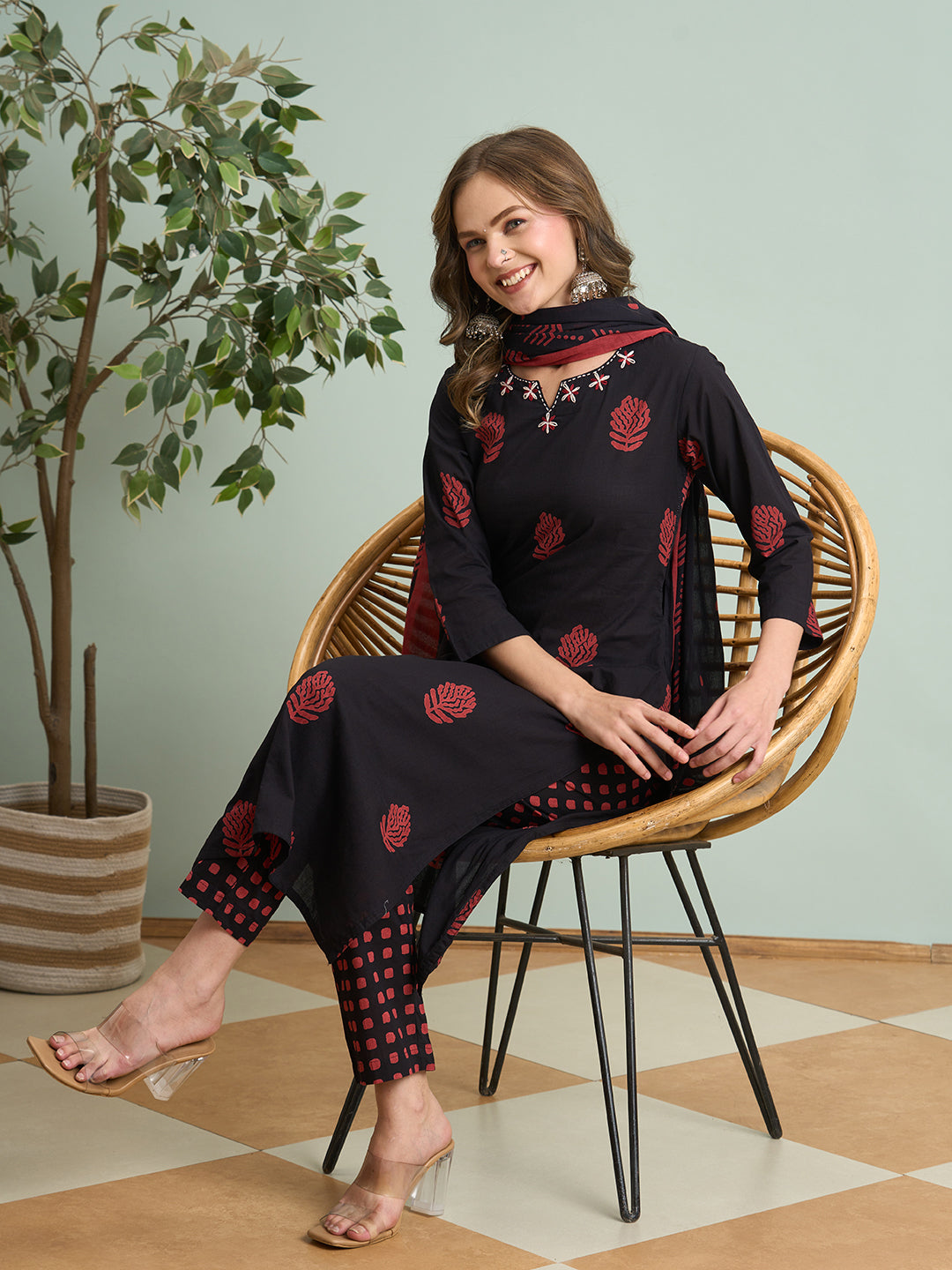 Ethnic Printed Embroidered Straight Fit Kurta with Pant and Dupatta - Black