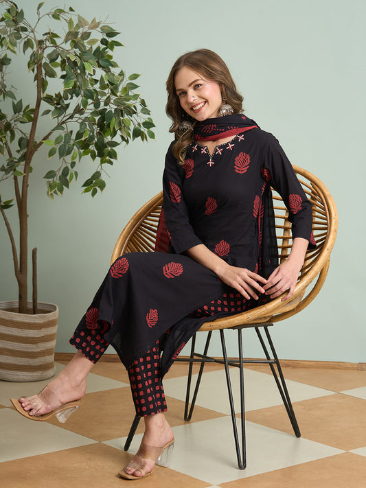 Ethnic Printed Embroidered Straight Fit Kurta with Pant and Dupatta - Black