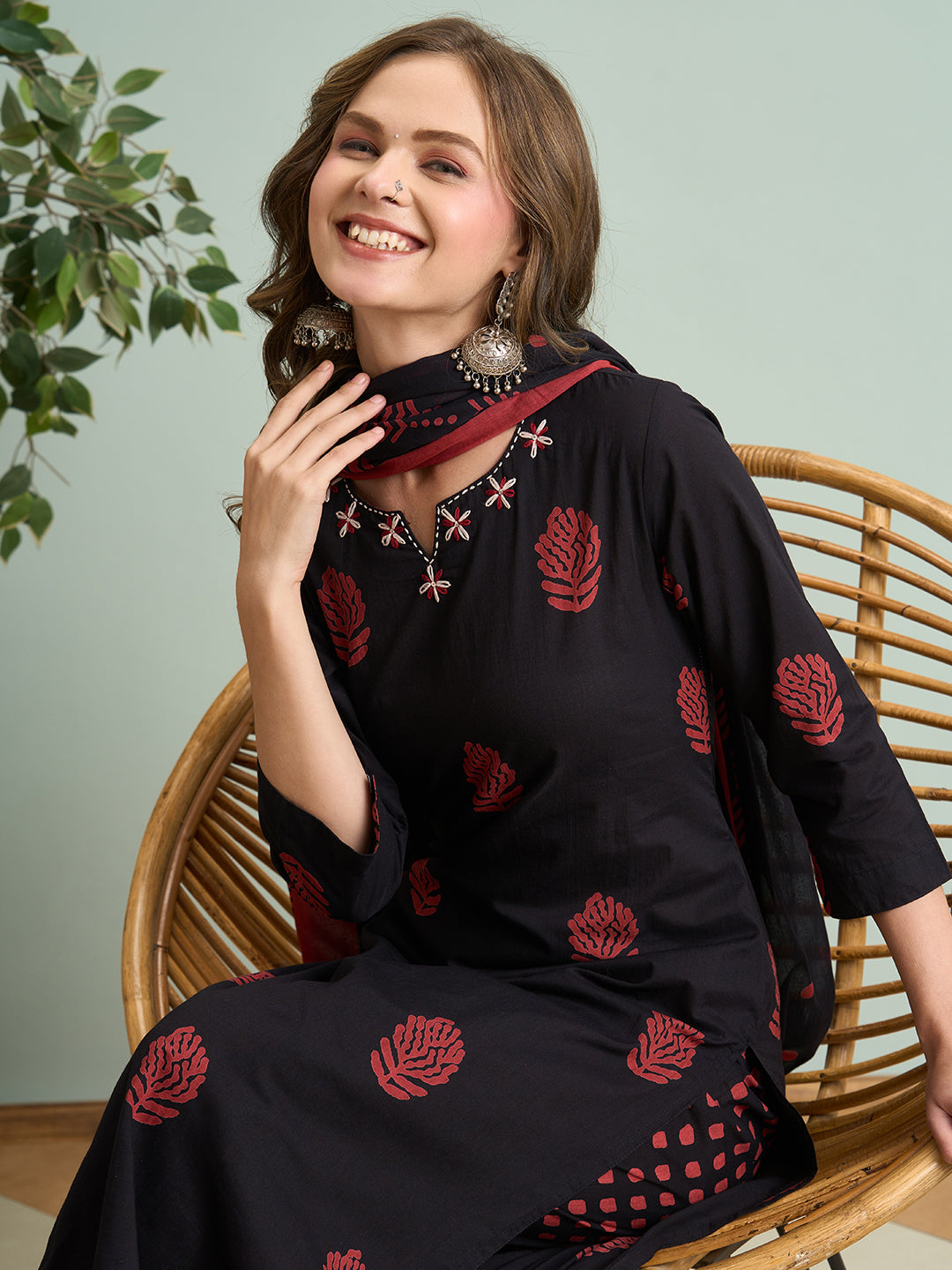 Ethnic Printed Embroidered Straight Fit Kurta with Pant and Dupatta - Black