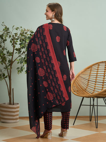 Ethnic Printed Embroidered Straight Fit Kurta with Pant and Dupatta - Black