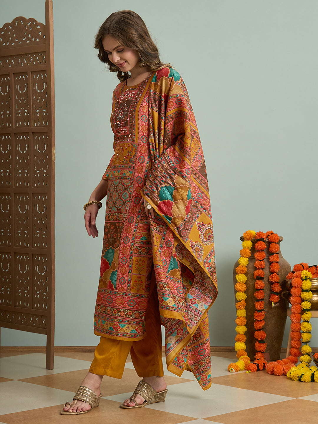 Ethnic Floral Printed & Embroidered Straight Fit Kurta with Pant and Dupatta - Mustard