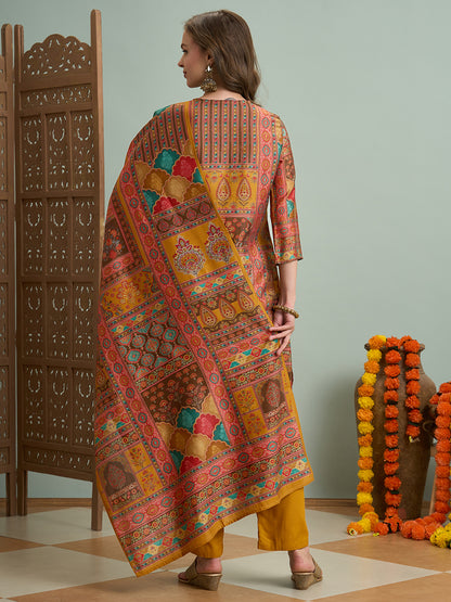 Ethnic Floral Printed & Embroidered Straight Fit Kurta with Pant and Dupatta - Mustard