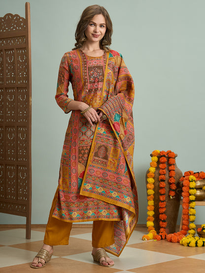 Ethnic Floral Printed & Embroidered Straight Fit Kurta with Pant and Dupatta - Mustard