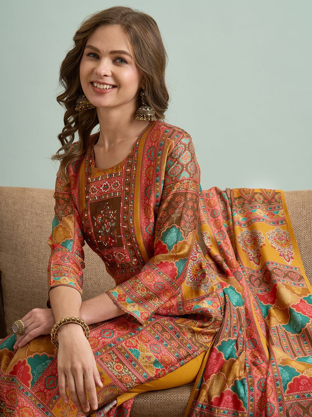 Ethnic Floral Printed & Embroidered Straight Fit Kurta with Pant and Dupatta - Mustard