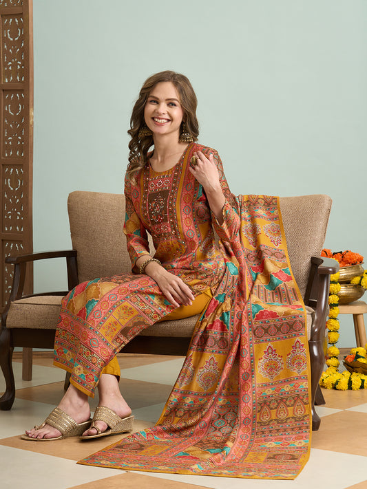 Ethnic Floral Printed & Embroidered Straight Fit Kurta with Pant and Dupatta - Mustard