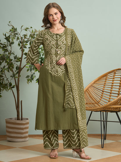 Bandhani Printed Straight Fit Kurta with Palazzo and Dupatta - Green
