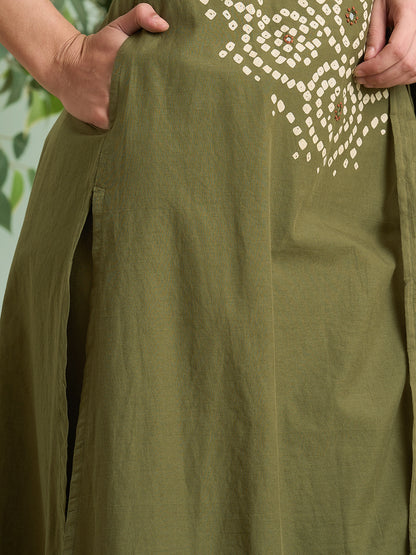 Bandhani Printed Straight Fit Kurta with Palazzo and Dupatta - Green
