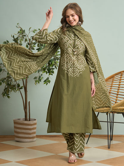 Bandhani Printed Straight Fit Kurta with Palazzo and Dupatta - Green