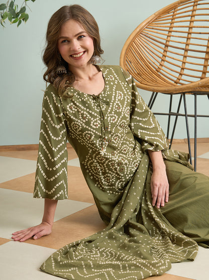 Bandhani Printed Straight Fit Kurta with Palazzo and Dupatta - Green