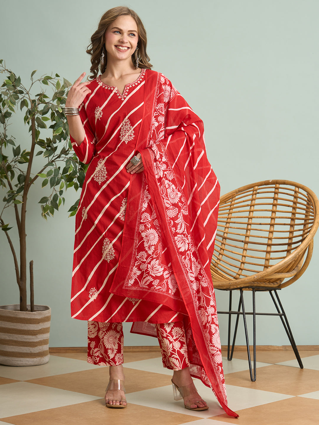 Leheriya Printed & Embroidered Straight Kurta with Pant & Dupatta - Red
