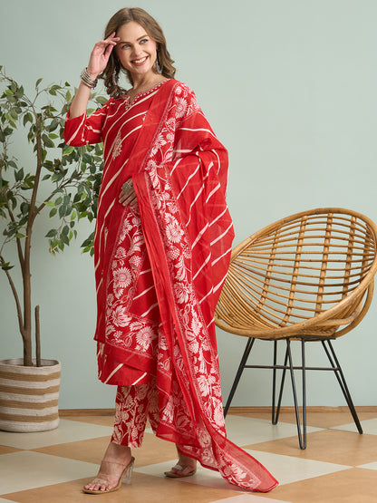 Leheriya Printed & Embroidered Straight Kurta with Pant & Dupatta - Red