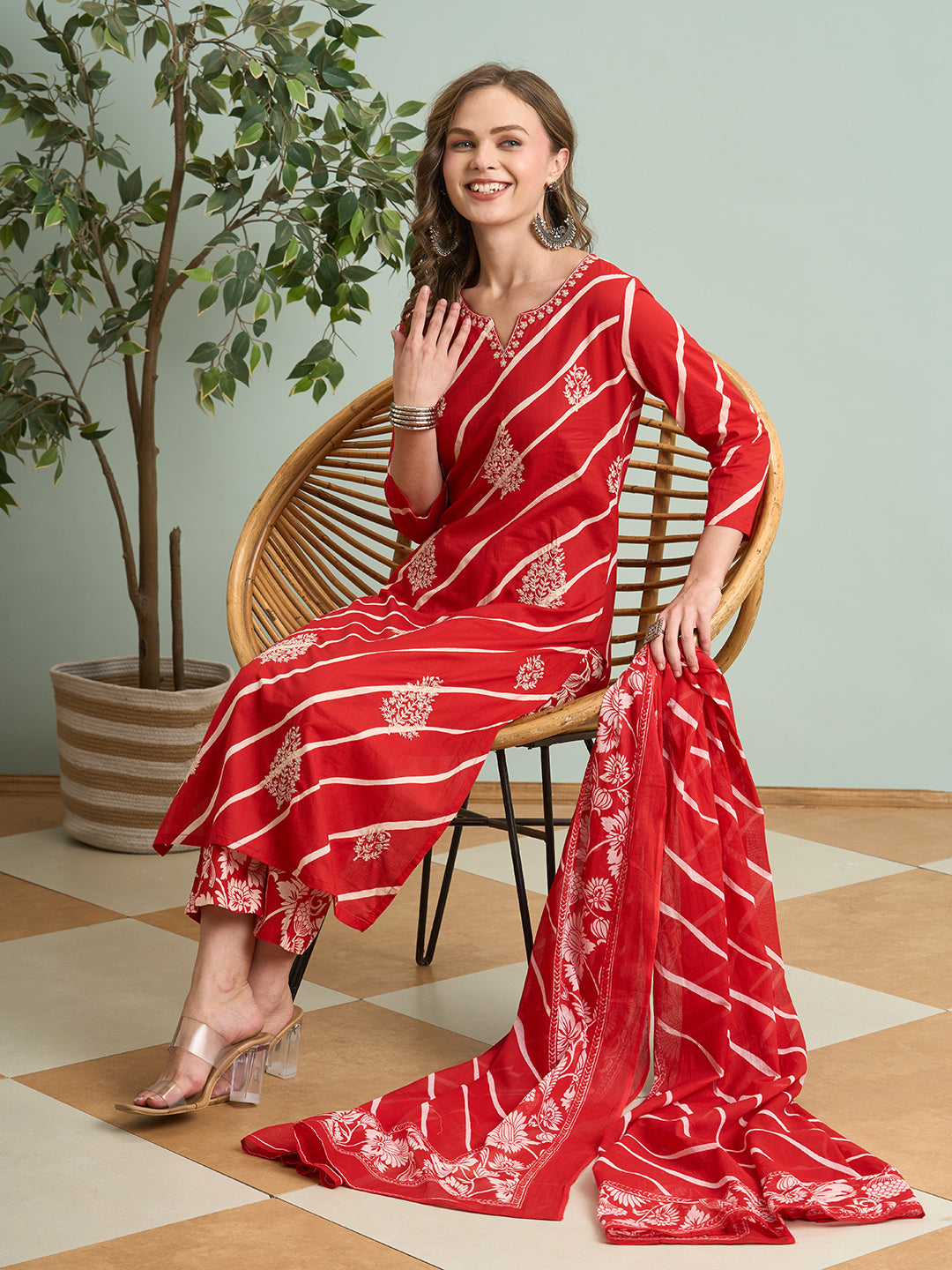 Leheriya Printed & Embroidered Straight Kurta with Pant & Dupatta - Red