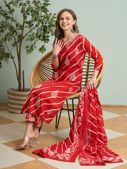 Leheriya Printed & Embroidered Straight Kurta with Pant & Dupatta - Red