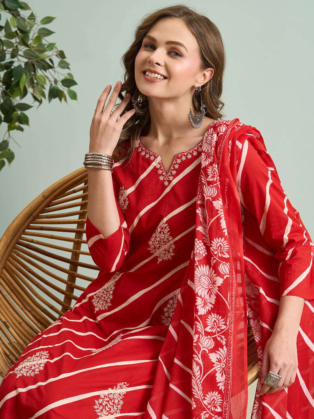 Leheriya Printed & Embroidered Straight Kurta with Pant & Dupatta - Red
