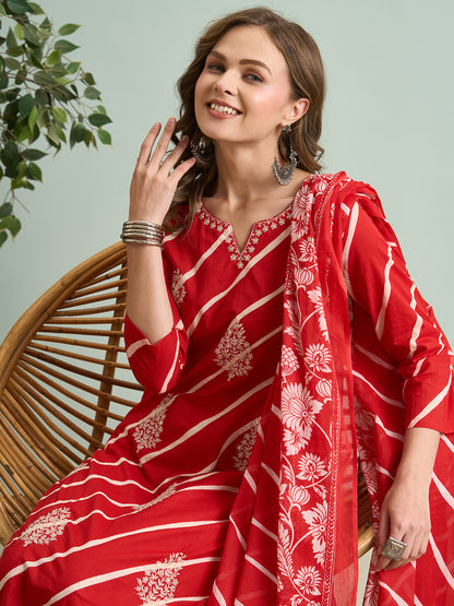 Leheriya Printed & Embroidered Straight Kurta with Pant & Dupatta - Red