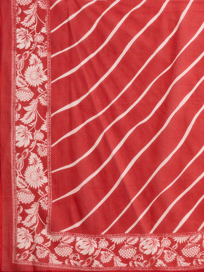 Leheriya Printed & Embroidered Straight Kurta with Pant & Dupatta - Red