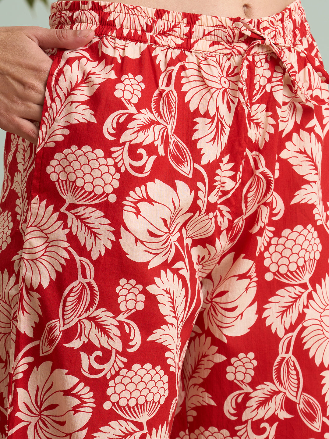Leheriya Printed & Embroidered Straight Kurta with Pant & Dupatta - Red