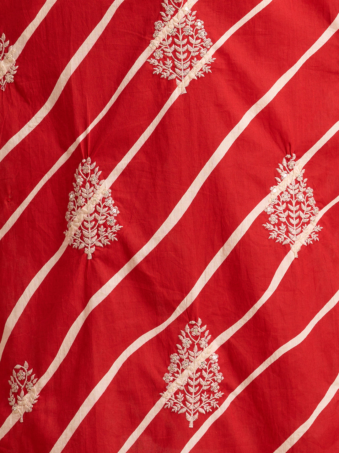 Leheriya Printed & Embroidered Straight Kurta with Pant & Dupatta - Red
