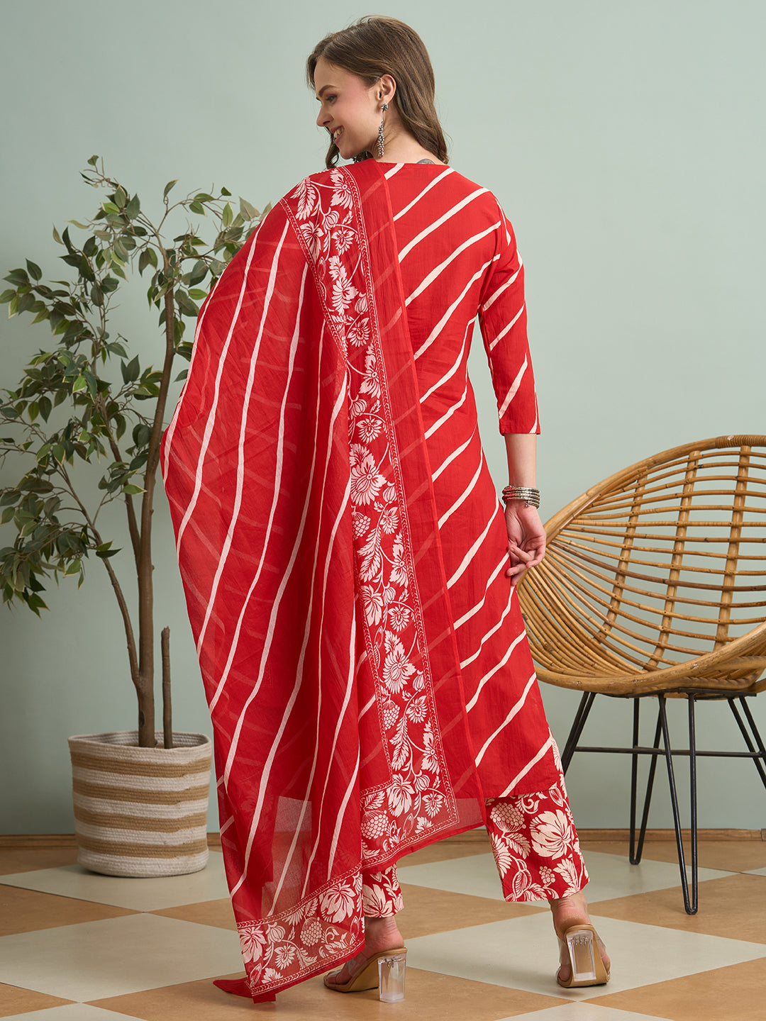 Leheriya Printed & Embroidered Straight Kurta with Pant & Dupatta - Red