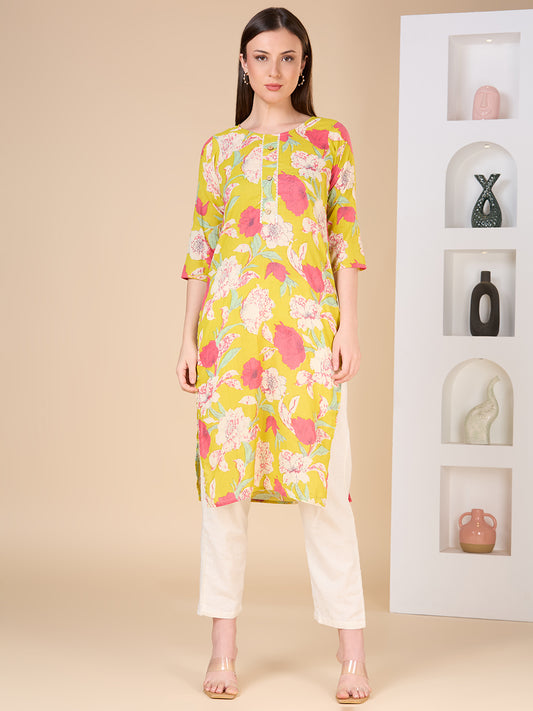 Abstract Floral Printed Straight Fit Kurta - Lime Green