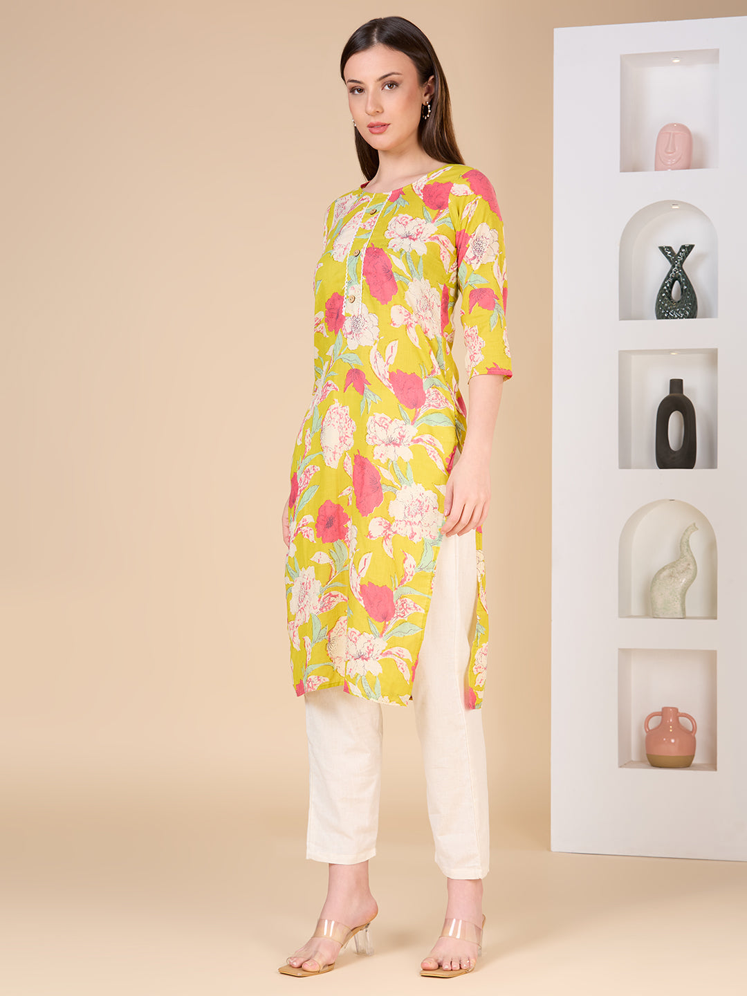 Abstract Floral Printed Straight Fit Kurta - Lime Green