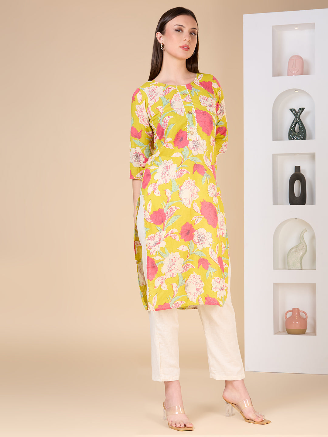 Abstract Floral Printed Straight Fit Kurta - Lime Green