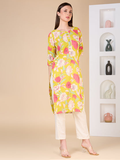 Abstract Floral Printed Straight Fit Kurta - Lime Green