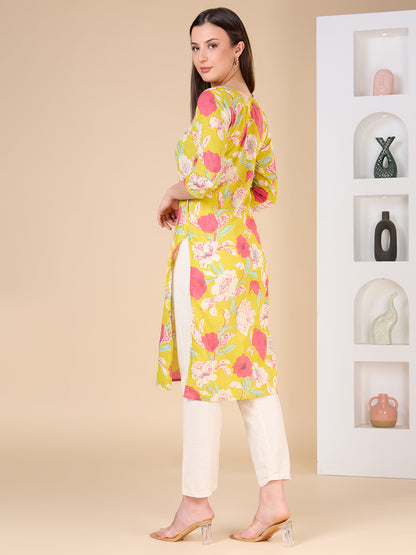 Abstract Floral Printed Straight Fit Kurta - Lime Green