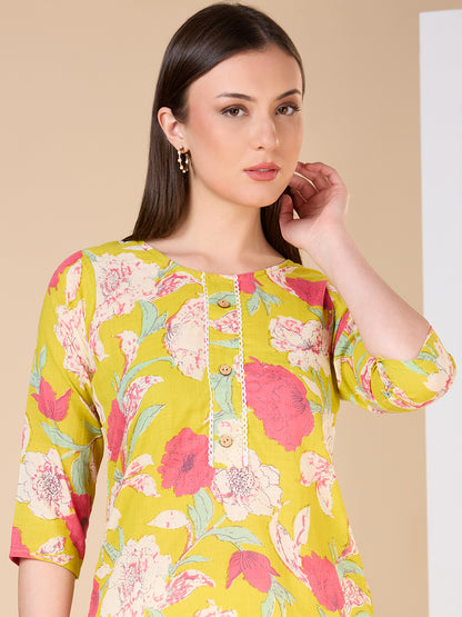 Abstract Floral Printed Straight Fit Kurta - Lime Green