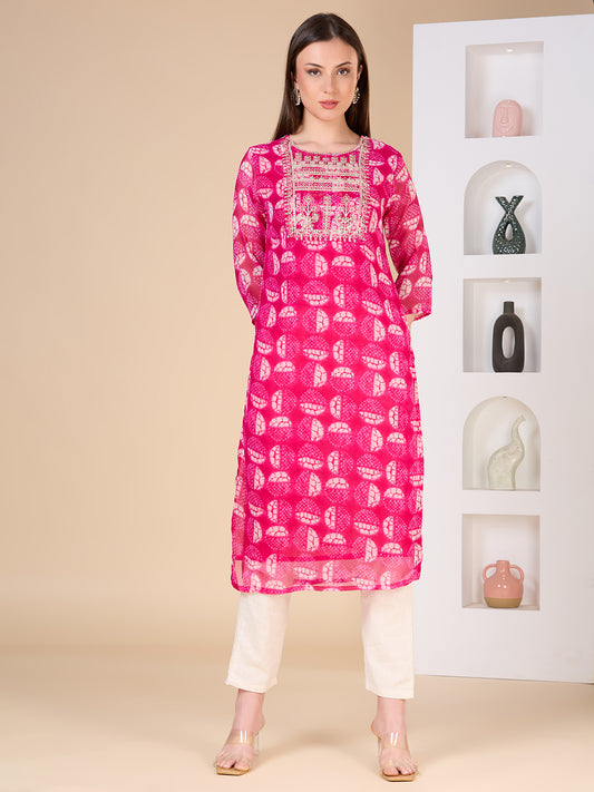 Ethnic Printed & Embroidered Straight Fit Kurta - Magenta