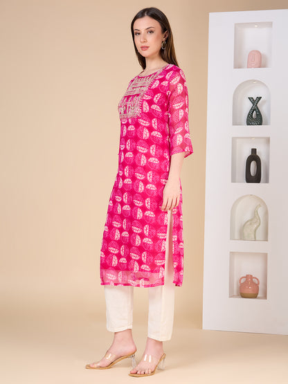 Ethnic Printed & Embroidered Straight Fit Kurta - Magenta