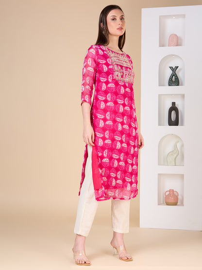 Ethnic Printed & Embroidered Straight Fit Kurta - Magenta