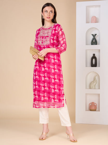 Ethnic Printed & Embroidered Straight Fit Kurta - Magenta