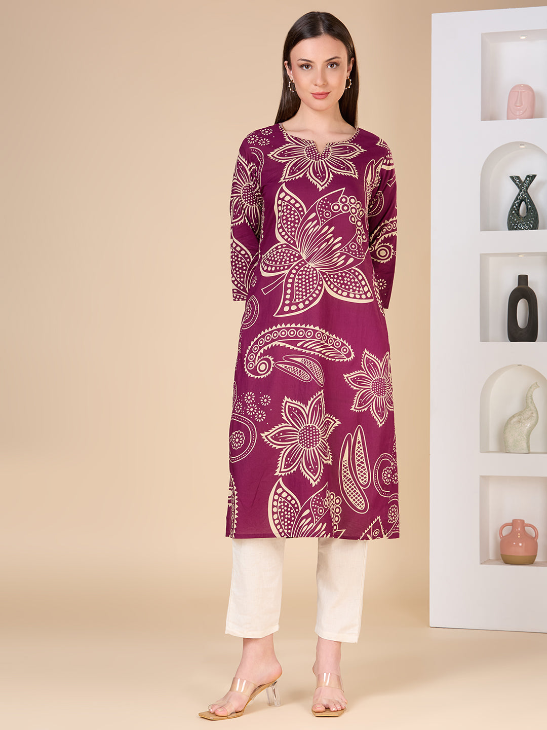 Abstract Floral Printed Straight Fit Kurta - Purple