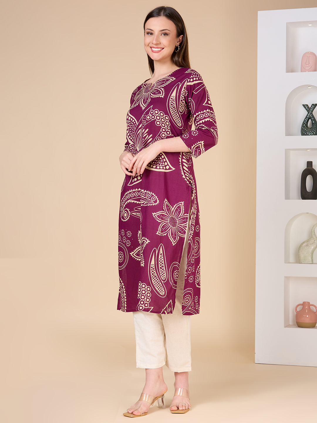 Abstract Floral Printed Straight Fit Kurta - Purple