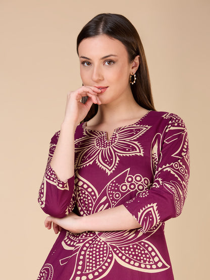 Abstract Floral Printed Straight Fit Kurta - Purple