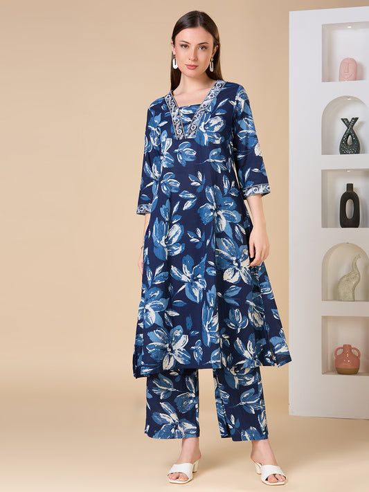 Floral Printed Embroidered A-Line Co-ord Set - Navy Blue