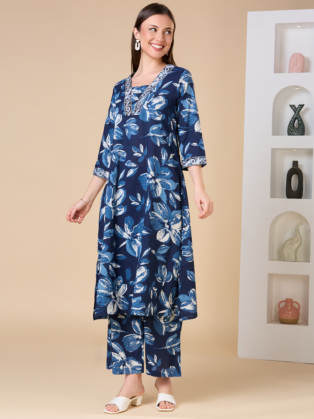 Floral Printed Embroidered A-Line Co-ord Set - Navy Blue