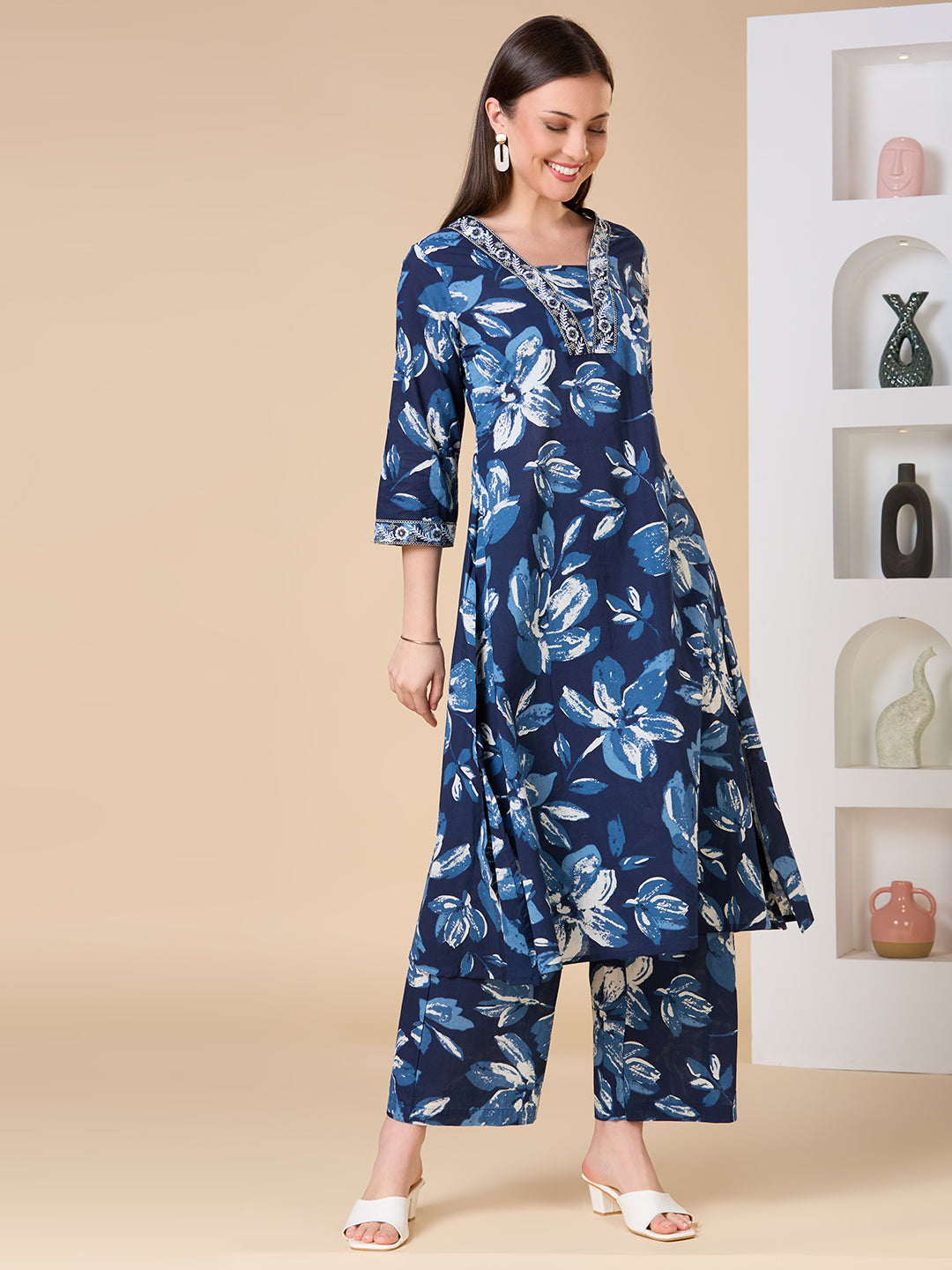 Floral Printed Embroidered A-Line Co-ord Set - Navy Blue