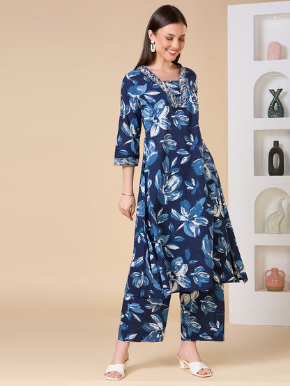 Floral Printed Embroidered A-Line Co-ord Set - Navy Blue