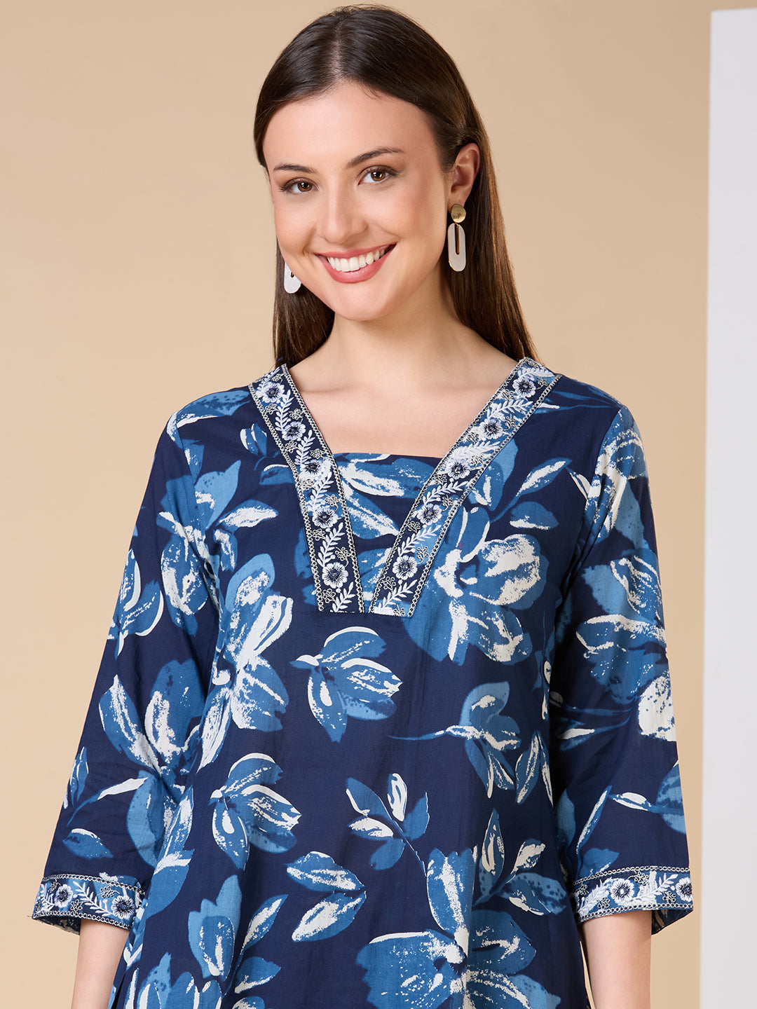 Floral Printed Embroidered A-Line Co-ord Set - Navy Blue