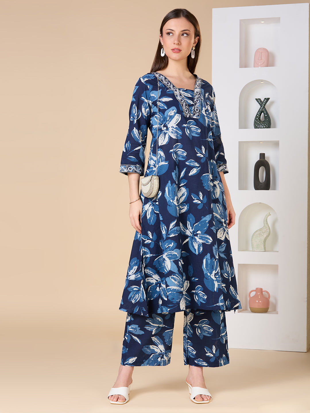 Floral Printed Embroidered A-Line Co-ord Set - Navy Blue