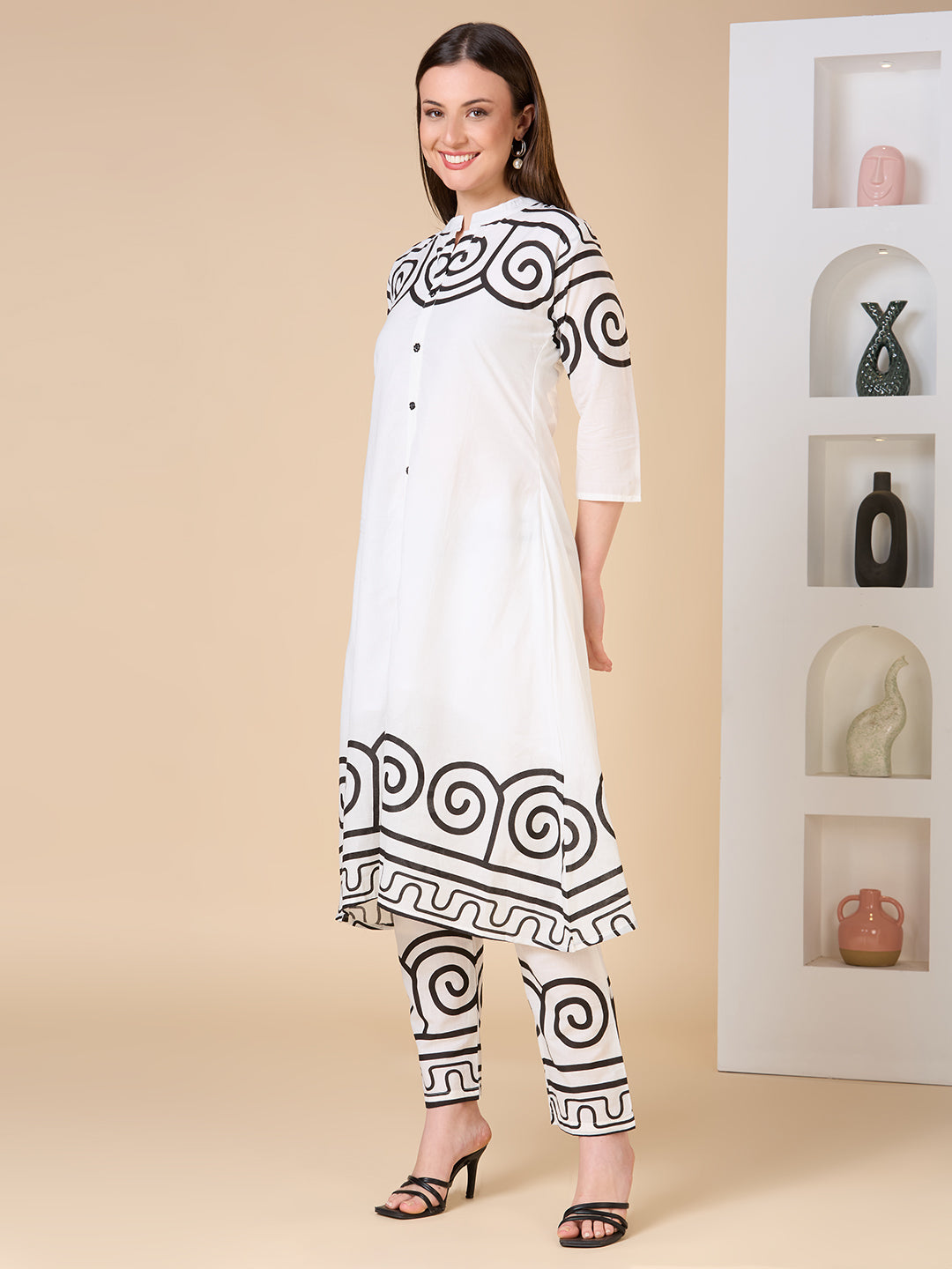 Abstract Geometric Printed A-Line Co-ord Set - White