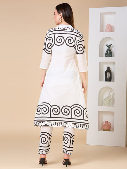 Abstract Geometric Printed A-Line Co-ord Set - White