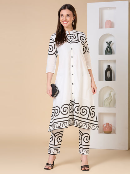 Abstract Geometric Printed A-Line Co-ord Set - White