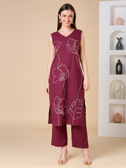 Solid Floral Threadwork Embroidered Straight Fit Co-ord Set - Burgundy