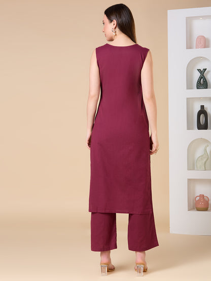 Solid Floral Threadwork Embroidered Straight Fit Co-ord Set - Burgundy