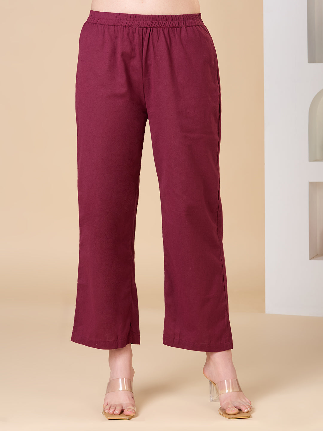 Solid Floral Threadwork Embroidered Straight Fit Co-ord Set - Burgundy