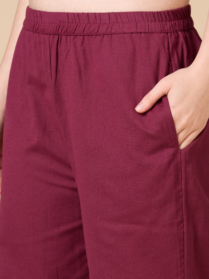 Solid Floral Threadwork Embroidered Straight Fit Co-ord Set - Burgundy